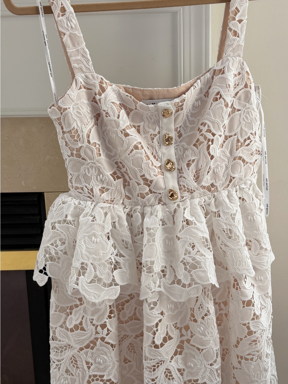 Self-Portrait White Lace Tiered Dress with Gold Buttons and Nude Lining